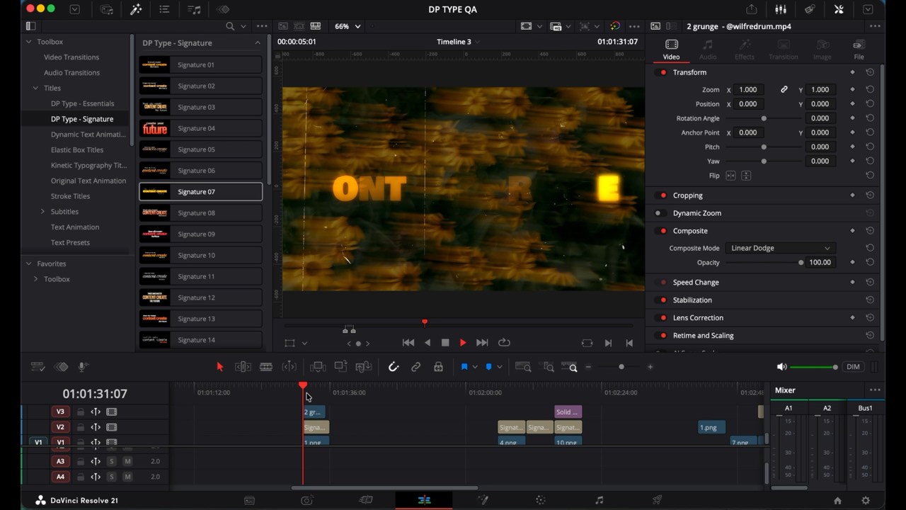 A title's parameters open in DaVinci Resolve's Inspector